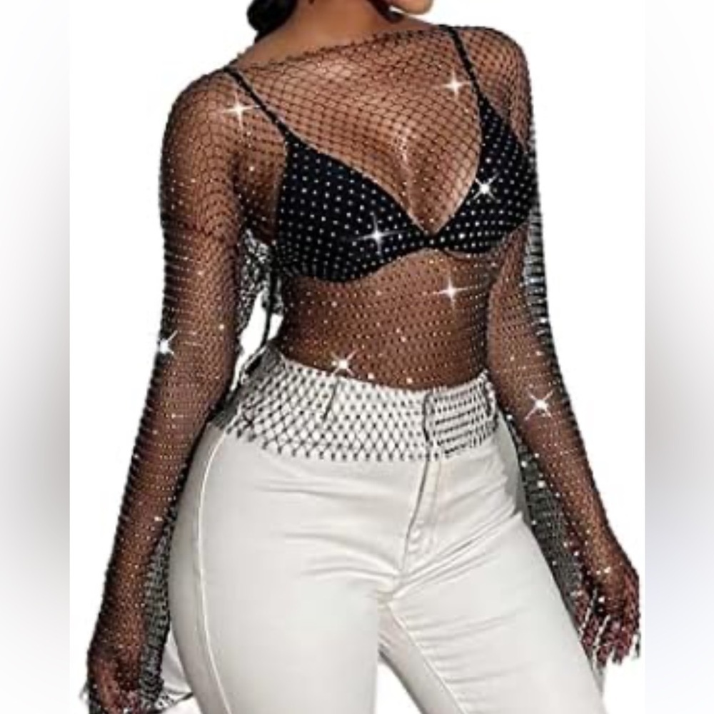 Black Fishnet Rhinestones Flirty Party Stretch Top Festival Long Bell Sleeve OS